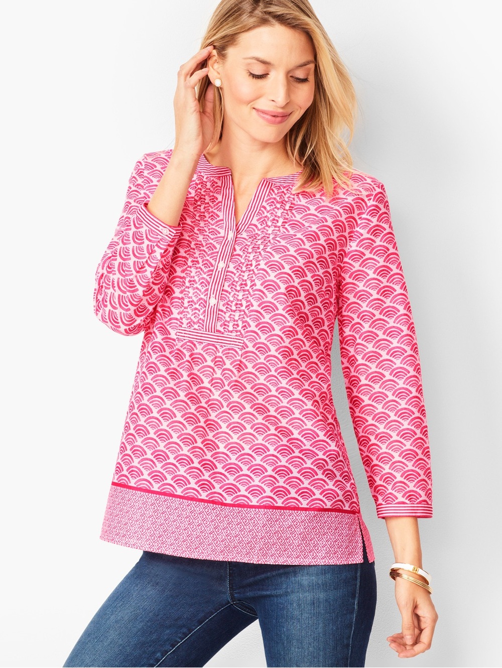 TALBOTS PINTUCK POPOVER - WHIMSICAL PRINT IN PINK - Petite Large